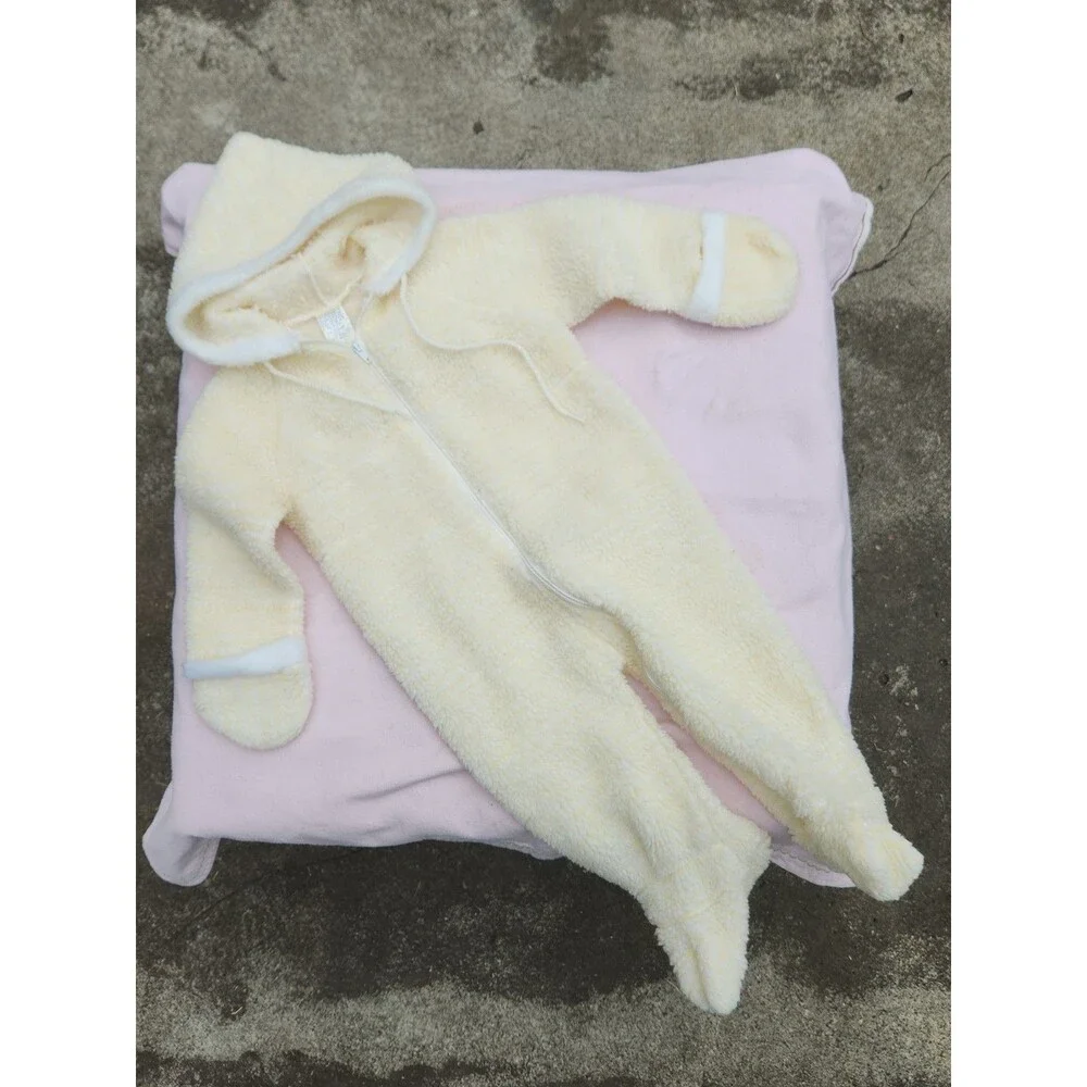 VTG Health-Tex Fleece Baby Hooded Romper Pastel Yellow & White Striped 6-12 Mos